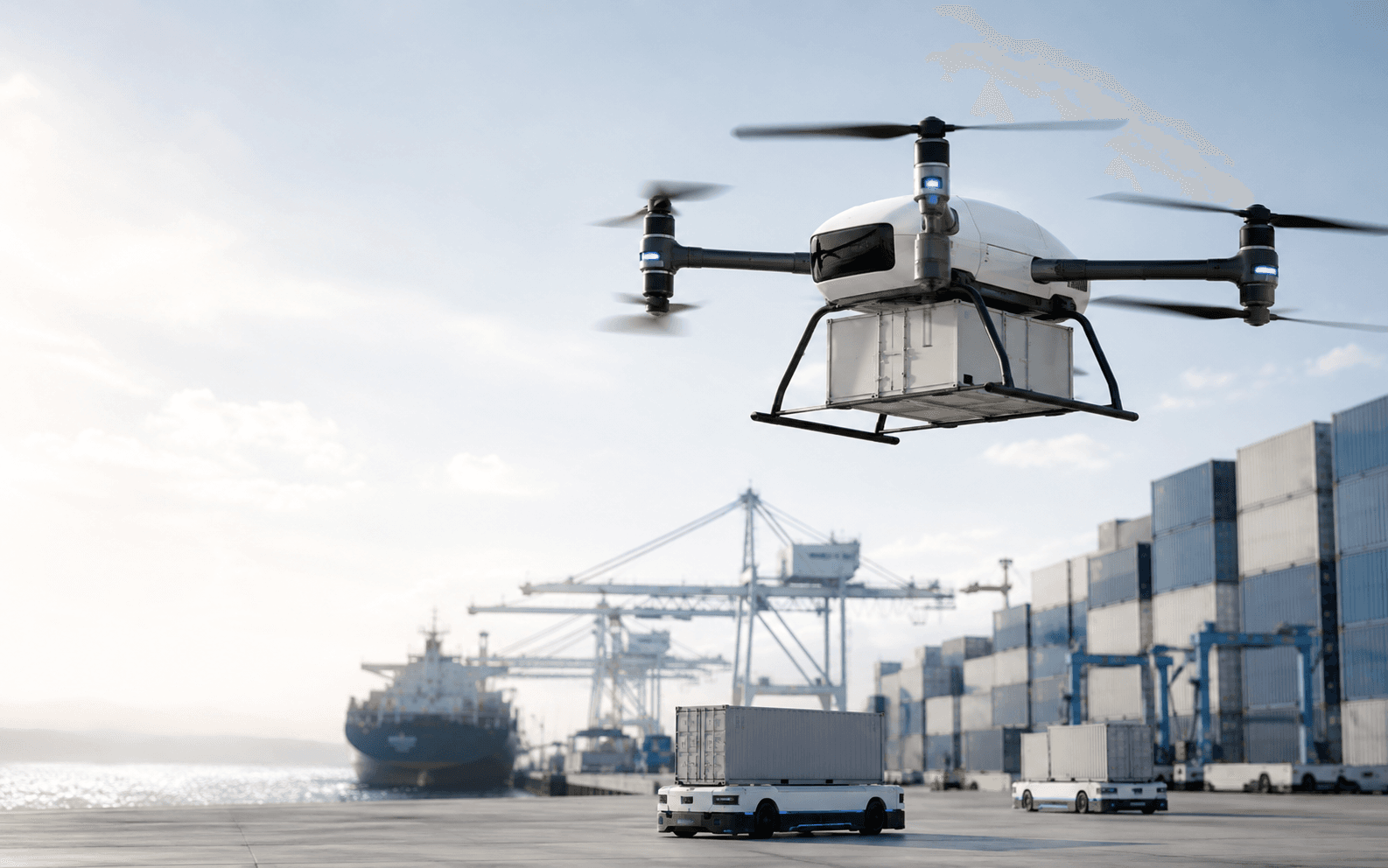 Cargo drone carrying a container above a port terminal, with autonomous ground vehicles moving containers below