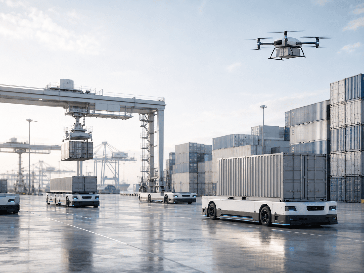 Container terminal with a gantry crane, stacked containers and autonomous container carriers