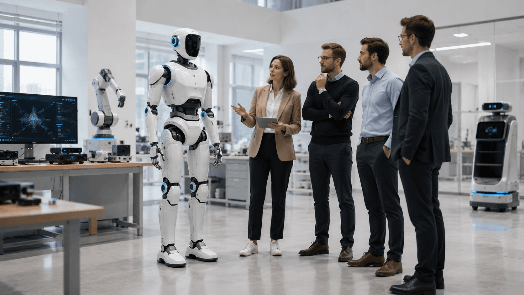 Engineers and business partners discussing a humanoid robot platform in a robotics development lab