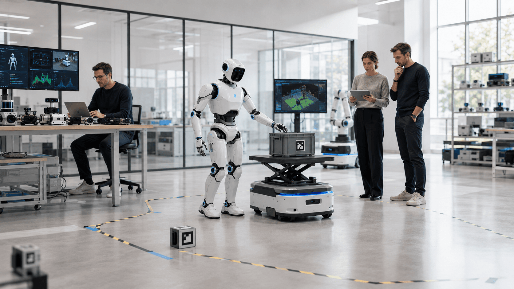 Humanoid robot and mobile platform in a marked test area while engineers observe