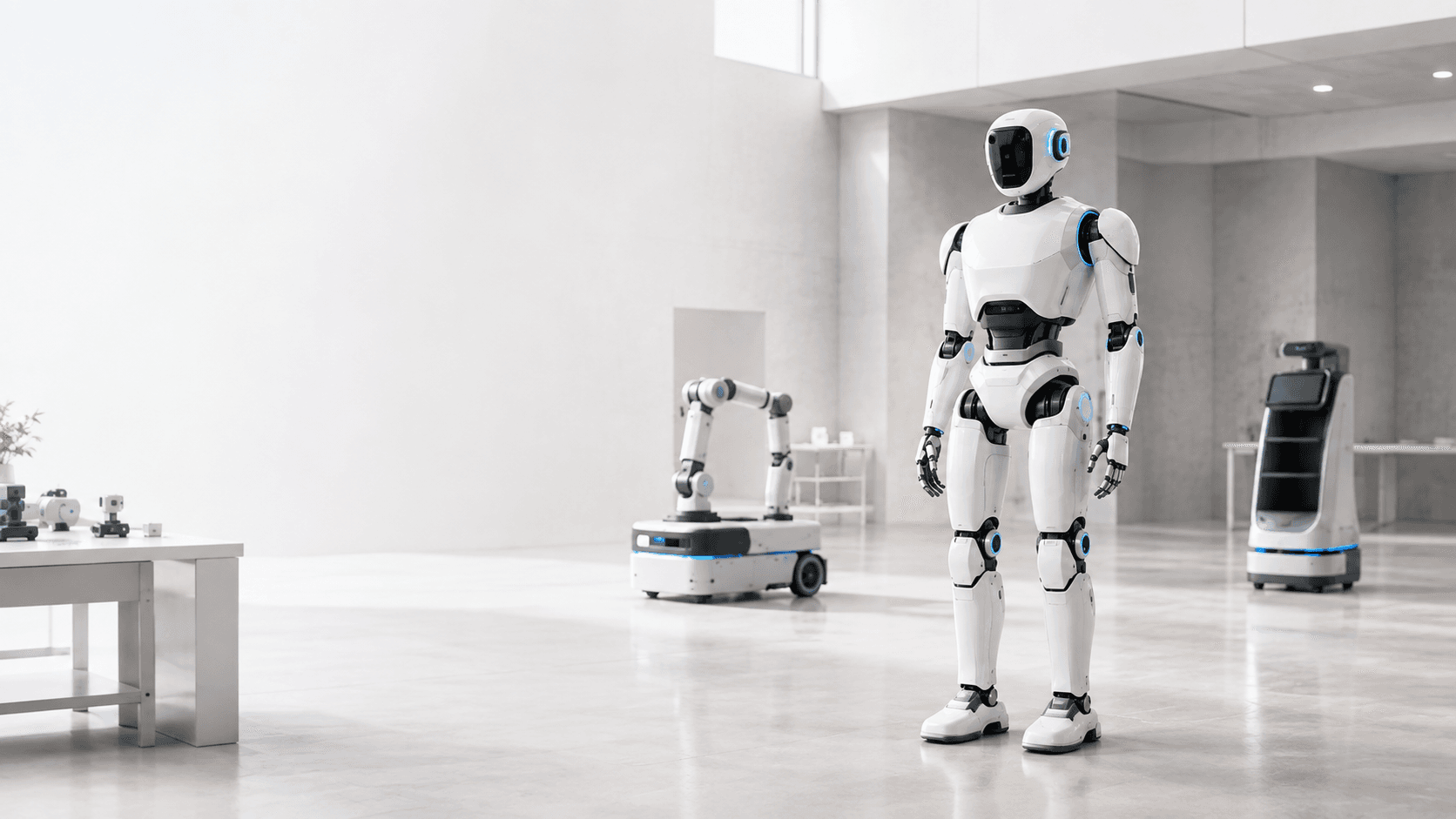 Humanoid robot, mobile manipulator and service platform in a robotics development hall