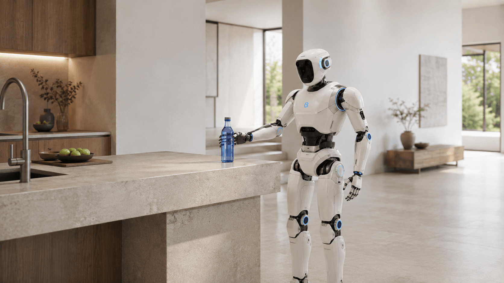 Concept visual of a humanoid placing a bottle on a kitchen counter