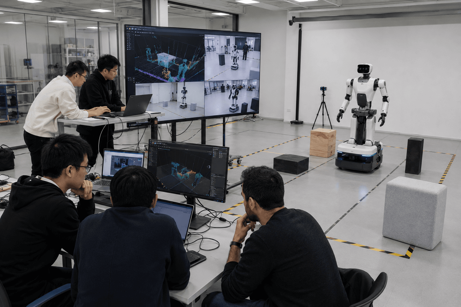 Engineers reviewing perception data while a robot moves through a marked test area