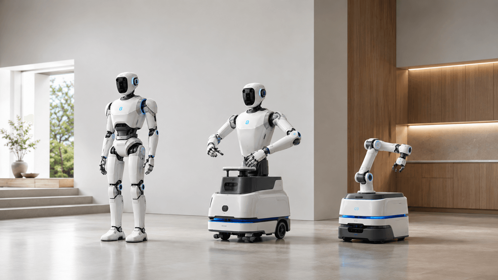 Concept visual of three BELTH platform variants: a humanoid, a wheeled humanoid and a mobile arm
